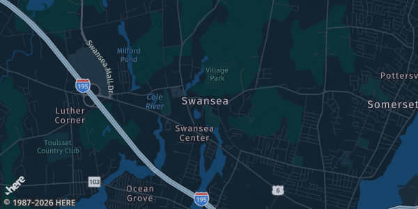 Map of Swansea, MA. The exact address of Silver Stone Castle is not known, so the map shows the area rather than a specific building.