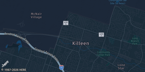Map of Killeen, TX. The exact address of American Legion Post 223 is not known, so the map shows the area rather than a specific building.