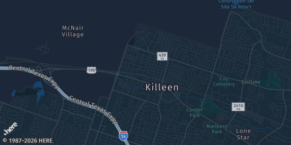 Map of Killeen, TX. The exact address of American Legion Post 223 is not known, so the map shows the area rather than a specific building.