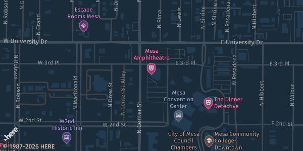 Map showing Mesa Convention Center in Mesa, AZ.