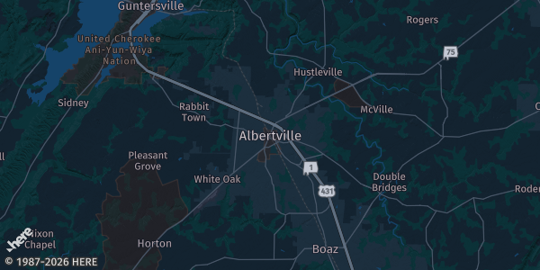 Map of Albertville, AL. The exact address of Sand Mountain Park Gymnasium is not known, so the map shows the area rather than a specific building.