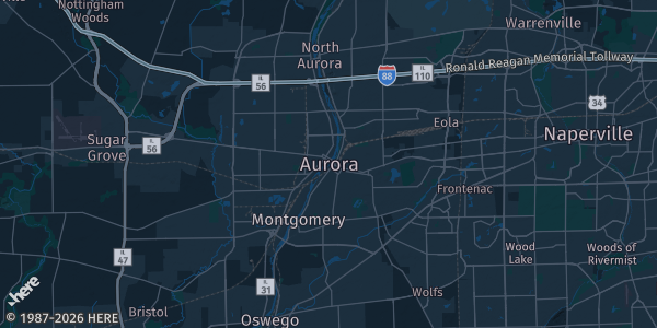Map of Aurora, IL. The exact address of Aurora/Naperville IL is not known, so the map shows the area rather than a specific building.