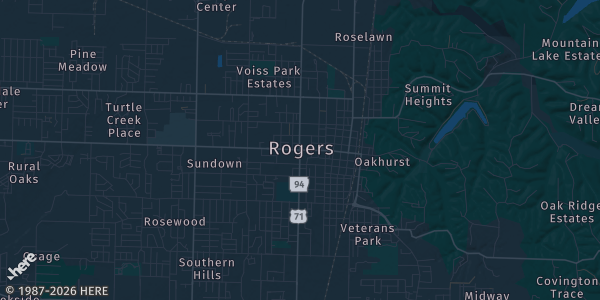 Map of Rogers, AR. The exact address of TCG-Kon is not known, so the map shows the area rather than a specific building.