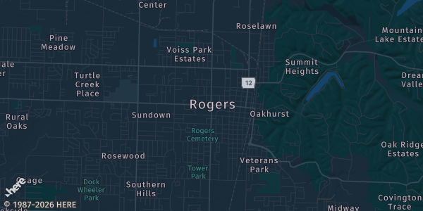 Map of Rogers, AR. The exact address of TCG-Kon is not known, so the map shows the area rather than a specific building.
