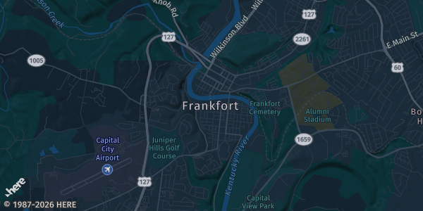 Map of Frankfort, KY. The exact address of Capital Plaza Hotel is not known, so the map shows the area rather than a specific building.