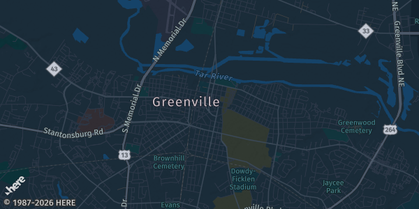 Map of Greenville, NC. The exact address of Holiday Inn Greenville is not known, so the map shows the area rather than a specific building.