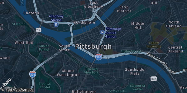Map of Pittsburgh, PA. The exact address of David L. Lawrence Convention Center is not known, so the map shows the area rather than a specific building.