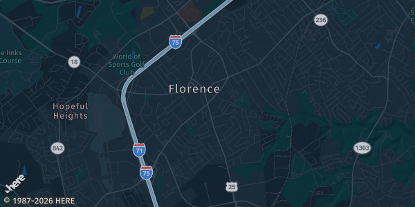 Map of Florence, KY. The exact address of Florence lions club is not known, so the map shows the area rather than a specific building.