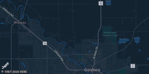 Map of Elkhart, IN. The exact address of Elkhart Moose Lodge 599 is not known, so the map shows the area rather than a specific building.