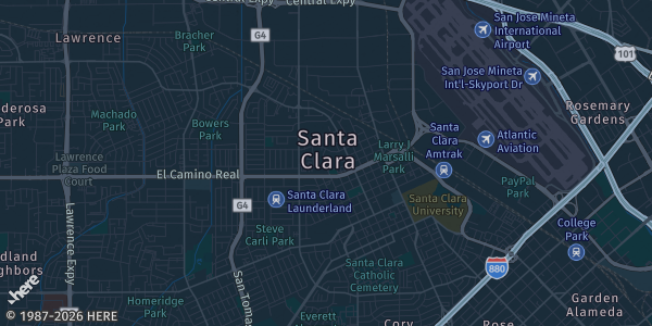 Map of Santa Clara, CA. The exact address of Santa Clara Convention Center is not known, so the map shows the area rather than a specific building.