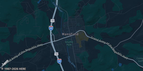 Map of Mansfield, PA. The exact address of Mansfield Firehall is not known, so the map shows the area rather than a specific building.