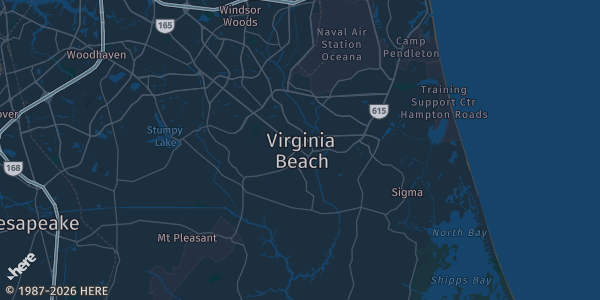 Map of Virginia Beach, VA. The exact address of Witchduck Bingo Hall is not known, so the map shows the area rather than a specific building.