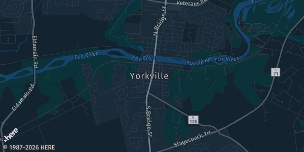Map of Yorkville, IL. The exact address of Yorkville American Legion is not known, so the map shows the area rather than a specific building.