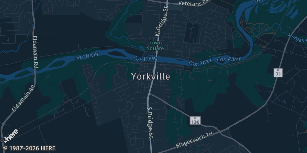 Map of Yorkville, IL. The exact address of Yorkville American Legion is not known, so the map shows the area rather than a specific building.
