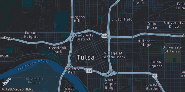 Map of Tulsa, OK. The exact address of Renaissance Tulsa Hotel & Convention Center is not known, so the map shows the area rather than a specific building.