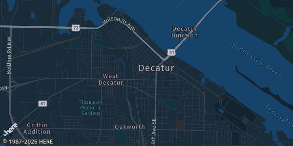Map of Decatur, AL. The exact address of Decatur Elks Lodge #655 is not known, so the map shows the area rather than a specific building.