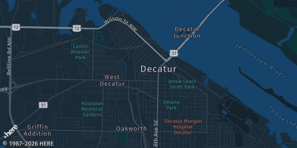 Map of Decatur, AL. The exact address of Decatur Elks Lodge #655 is not known, so the map shows the area rather than a specific building.