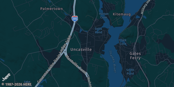 Map of Uncasville, CT. The exact address of Mohegan Sun is not known, so the map shows the area rather than a specific building.