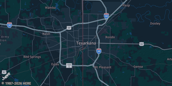 Map of Texarkana, AR. The exact address of Holiday Inn Arkansas Convention Center is not known, so the map shows the area rather than a specific building.