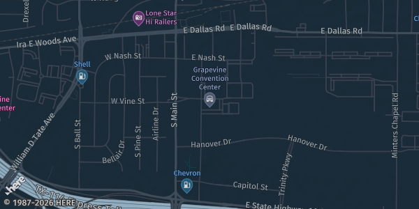 Map of Grapevine, TX. The exact address of Grapevine Convention Center is not known, so the map shows the area rather than a specific building.