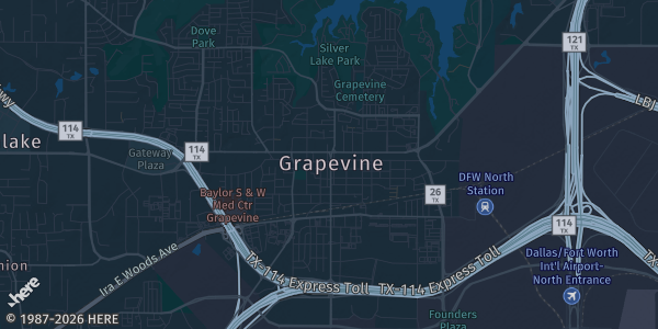 Map of Grapevine, TX. The exact address of Texas TCG Expo is not known, so the map shows the area rather than a specific building.
