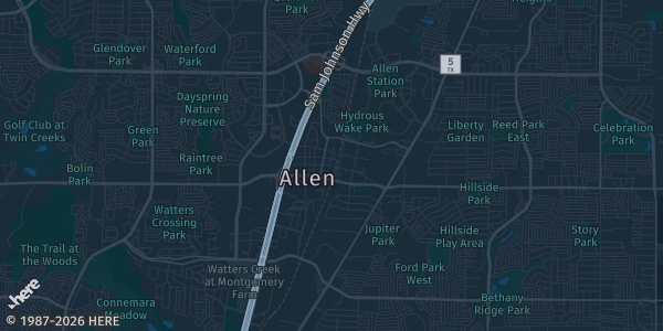 Map of Allen, TX. The exact address of Texas TCG Expo is not known, so the map shows the area rather than a specific building.