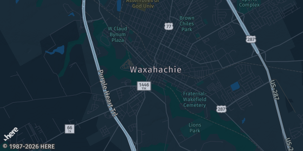 Map of Waxahachie, TX. The exact address of Waxahachie Civic Center is not known, so the map shows the area rather than a specific building.
