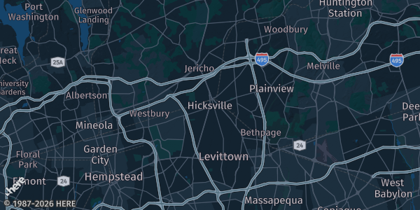Map of Hicksville, NY. The exact address of Broadway Commons is not known, so the map shows the area rather than a specific building.