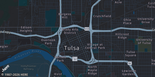 Map of Tulsa, OK. The exact address of Marriott Hotel Tulsa Southern Hills is not known, so the map shows the area rather than a specific building.