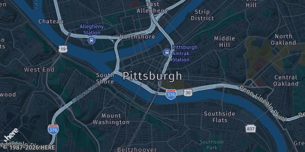 Map of Pittsburgh, PA. The exact address of Crowne Plaza Pittsburgh South is not known, so the map shows the area rather than a specific building.