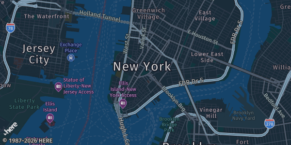 Map of New York, NY. The exact address of The New Yorker Hotel is not known, so the map shows the area rather than a specific building.
