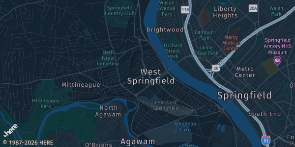 Map of West Springfield, MA. The exact address of Young Building at Eastern States Exposition is not known, so the map shows the area rather than a specific building.