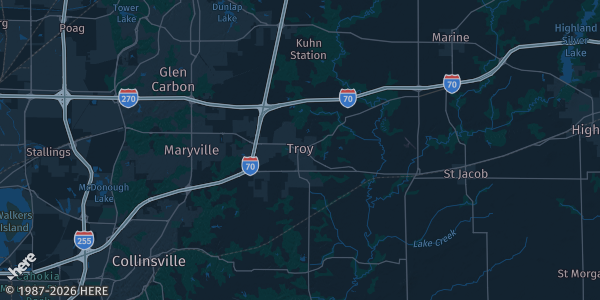 Map of Troy, IL. The exact address of Troy Skating Rink is not known, so the map shows the area rather than a specific building.