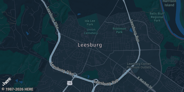 Map of Leesburg, VA. The exact address of Village Pickle is not known, so the map shows the area rather than a specific building.