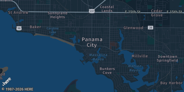 Map of Panama City, FL. The exact address of Bay County Fairgrounds is not known, so the map shows the area rather than a specific building.