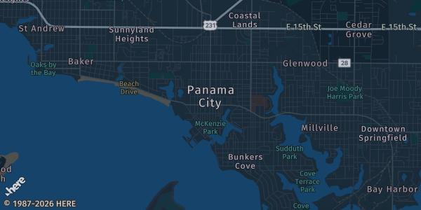 Map of Panama City, FL. The exact address of Bay County Fairgrounds is not known, so the map shows the area rather than a specific building.