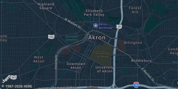 Map of Akron, OH. The exact address of John S. Knight Center is not known, so the map shows the area rather than a specific building.
