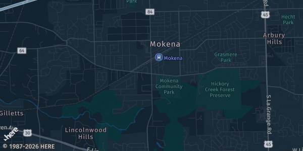 Map of Mokena, IL. The exact address of The Alley Grill and Tap House is not known, so the map shows the area rather than a specific building.