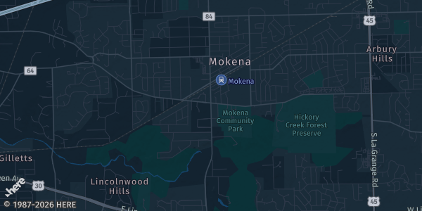 Map of Mokena, IL. The exact address of The Alley Grill and Tap House is not known, so the map shows the area rather than a specific building.