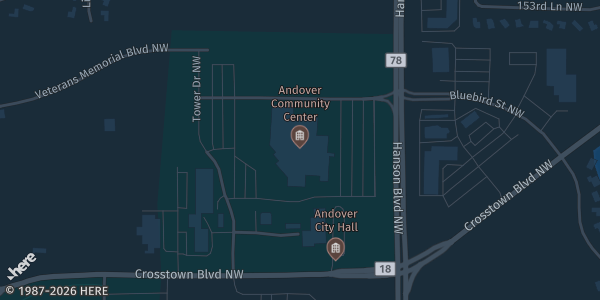 Map showing Andover Community Center in Andover, MN.