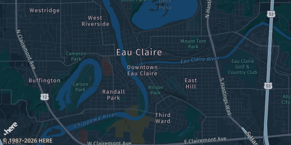 Map of Eau Claire, WI. The exact address of The Sonnetag Center is not known, so the map shows the area rather than a specific building.