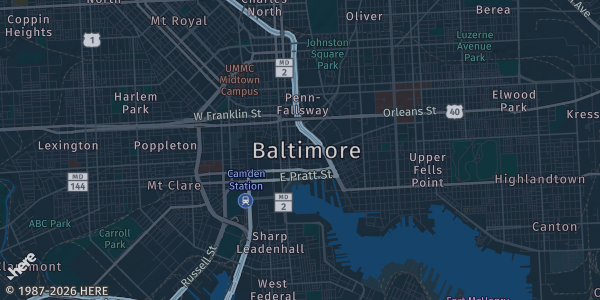 Map of Baltimore, MD. The exact address of The Baltimore Card Show is not known, so the map shows the area rather than a specific building.