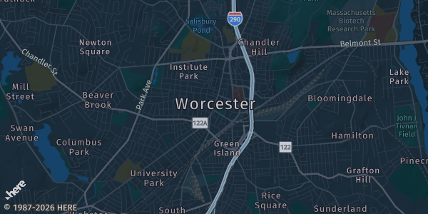 Map of Worcester, MA. The exact address of Hogan Campus Center is not known, so the map shows the area rather than a specific building.