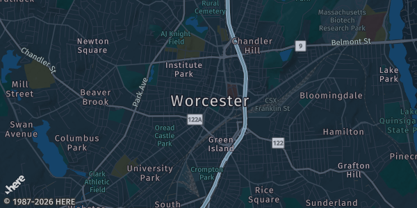 Map of Worcester, MA. The exact address of Hogan Campus Center is not known, so the map shows the area rather than a specific building.