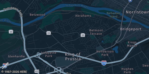 Map of King of Prussia, PA. The exact address of Valley Forge Casino Resort is not known, so the map shows the area rather than a specific building.