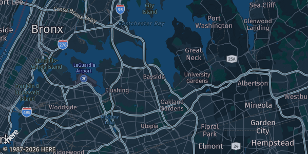 Map of Bayside, NY. The exact address of Queensborough Community College-RFK Gymnasium is not known, so the map shows the area rather than a specific building.