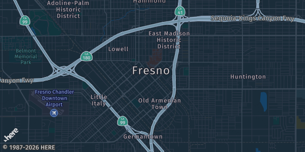 Map of Fresno, CA. The exact address of Fresno Fairgrounds — Commerce Building is not known, so the map shows the area rather than a specific building.