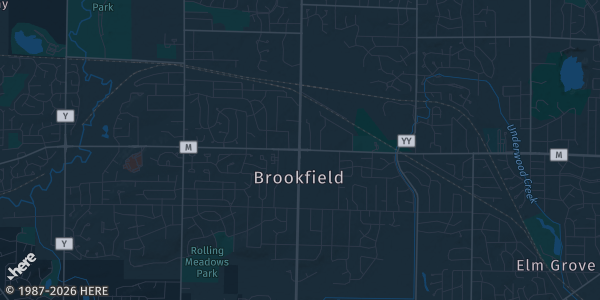 Map of Brookfield, WI. The exact address of Brookfield Square Mall is not known, so the map shows the area rather than a specific building.