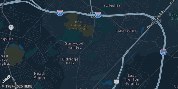 Map of Lawrence Township, NJ. The exact address of Quaker Bridge Mall is not known, so the map shows the area rather than a specific building.