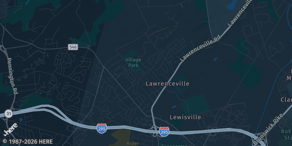 Map of Lawrenceville, NJ. The exact address of Quaker Bridge Mall is not known, so the map shows the area rather than a specific building.
